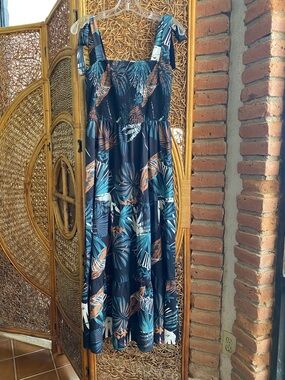 Beautiful Tropical Floral Tiered Maxi Sundress Tie Straps Excellent Condition